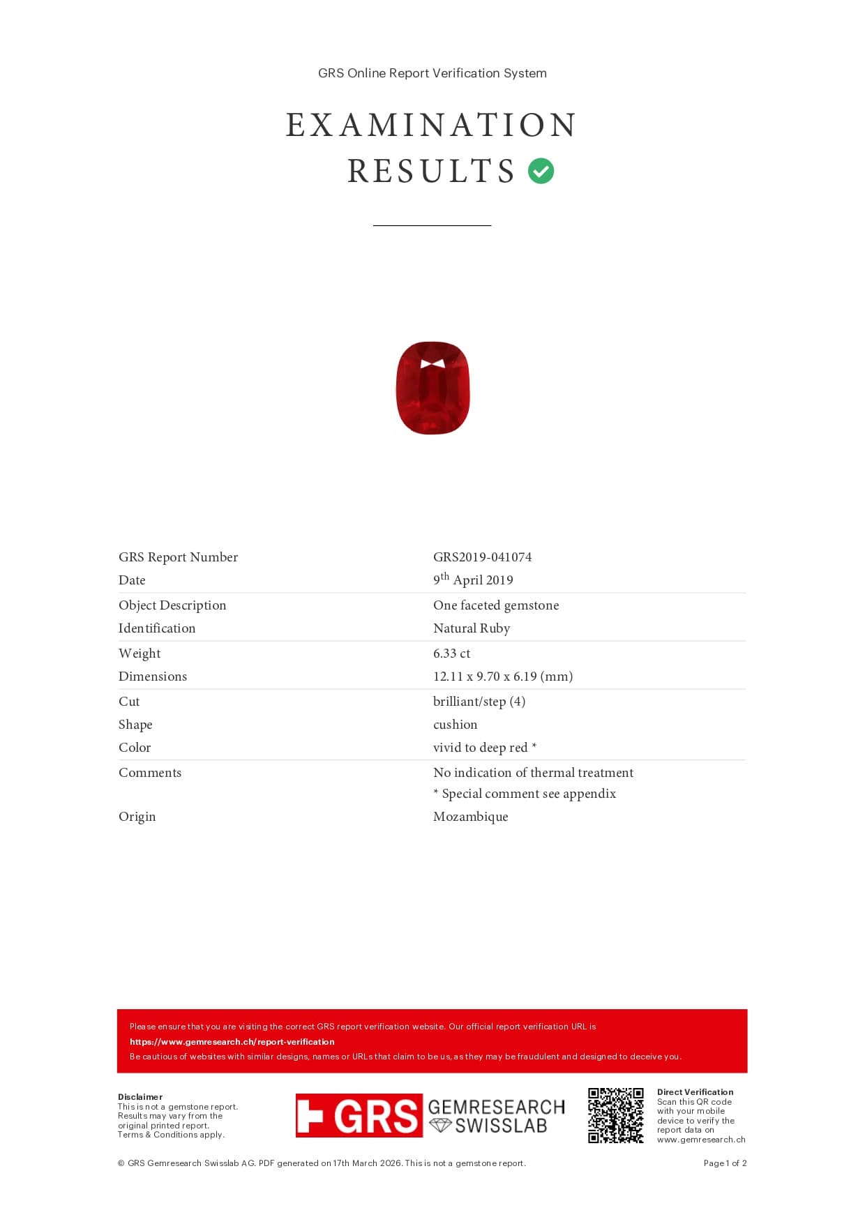 Unheated ruby Pigeon blood cushion cut 6.33 carats, Mozambique ID 11426