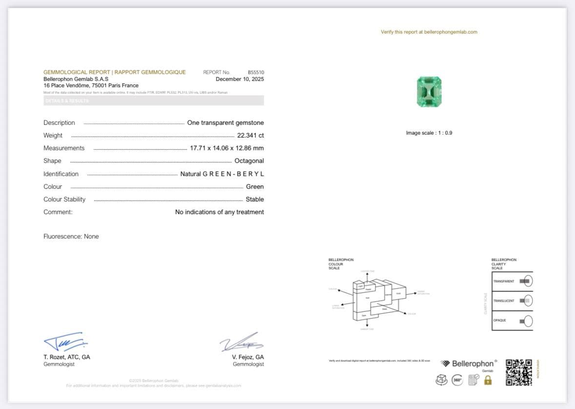 Unique Lagoon green beryl in octagon cut 22.34 carats, Nigeria ID 10838