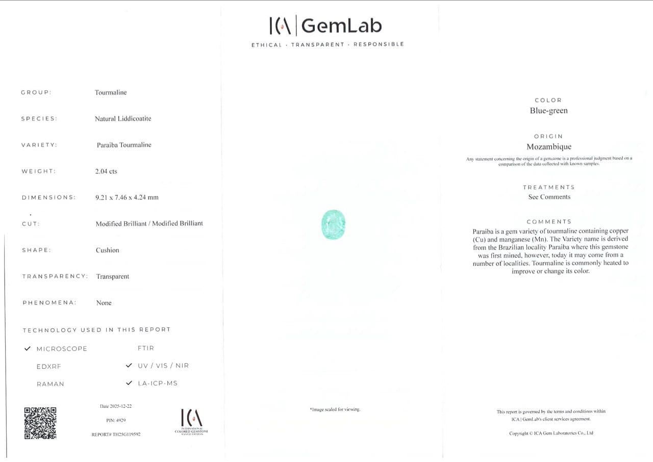 Neon blue Paraiba tourmaline in cushion cut 2.04 carats, Mozambique ID 10841