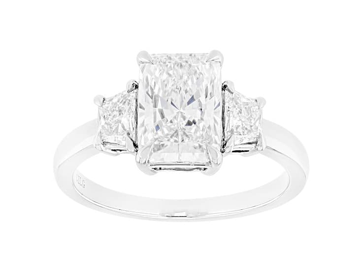Certified White Radiant Cut and Trapezoid Lab-Grown Diamond F VS1 Platinum 3-Stone Ring 2.50ctw