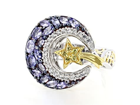 Blue Tanzanite Rhodium And 24K Gold Over Palladium Sterling Silver Ring 2.32ctw