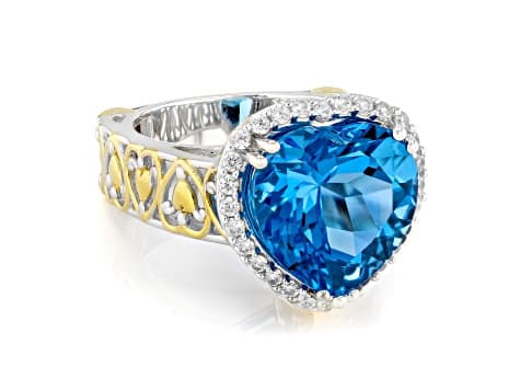 Swiss Blue Topaz & White Zircon Rhodium/24K Yellow Gold Over Palladium Silver Ring 10.34ctw