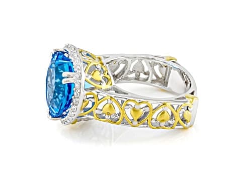 Swiss Blue Topaz & White Zircon Rhodium/24K Yellow Gold Over Palladium Silver Ring 10.34ctw