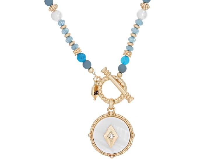 Mother-of-Pearl, Turquoise Simulant, Pearl Simulant & Crystal Matte Gold Tone Beaded 36" Necklace