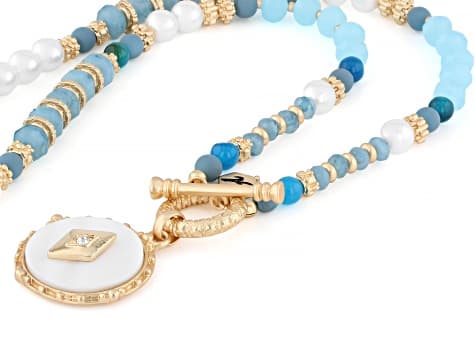 Mother-of-Pearl, Turquoise Simulant, Pearl Simulant & Crystal Matte Gold Tone Beaded 36" Necklace