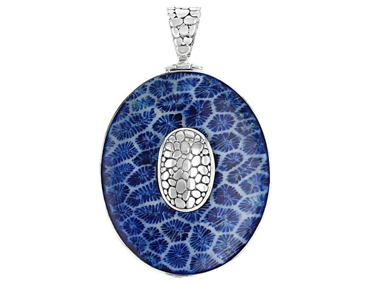 White Mother-of-Pearl & Blue Sponge Coral Sterling Silver Reversible Pendant 50x38mm