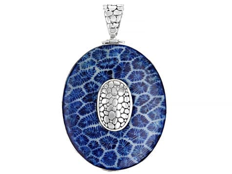 White Mother-of-Pearl & Blue Sponge Coral Sterling Silver Reversible Pendant 50x38mm