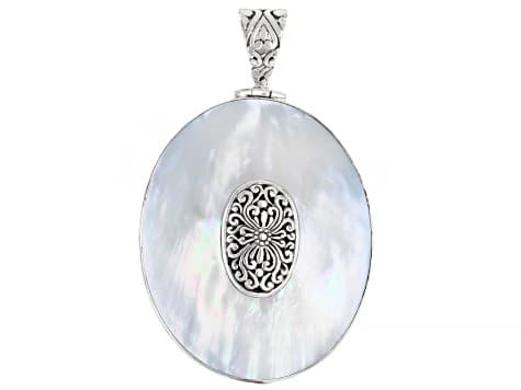 White Mother-of-Pearl & Blue Sponge Coral Sterling Silver Reversible Pendant 50x38mm