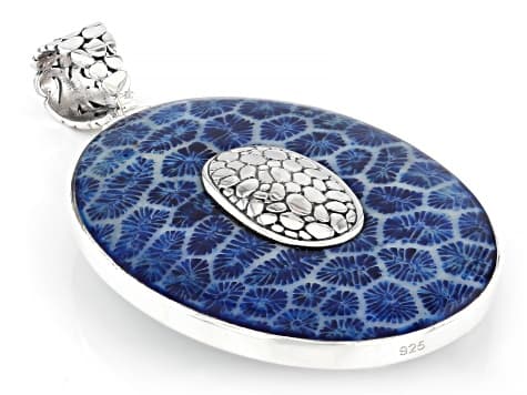 White Mother-of-Pearl & Blue Sponge Coral Sterling Silver Reversible Pendant 50x38mm
