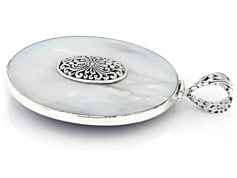 White Mother-of-Pearl & Blue Sponge Coral Sterling Silver Reversible Pendant 50x38mm