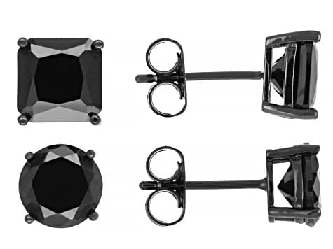 Black Cubic Zirconia, Black Rhodium Plated Stud Earring Set of 2 12.25ctw