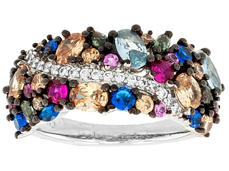 Multicolor Gemstone Simulants Rhodium Plated Ring