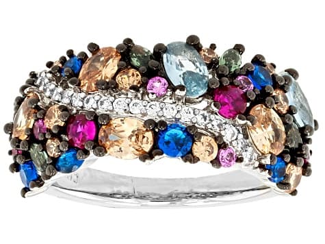 Multicolor Gemstone Simulants Rhodium Plated Ring