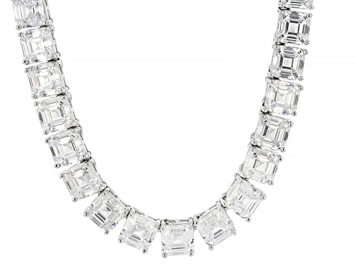 White Cubic Zirconia Rhodium Plated Asscher Cut Tennis Necklace 84.42ctw