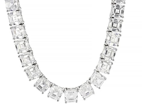 White Cubic Zirconia Rhodium Plated Asscher Cut Tennis Necklace 84.42ctw