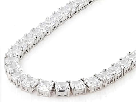White Cubic Zirconia Rhodium Plated Asscher Cut Tennis Necklace 84.42ctw