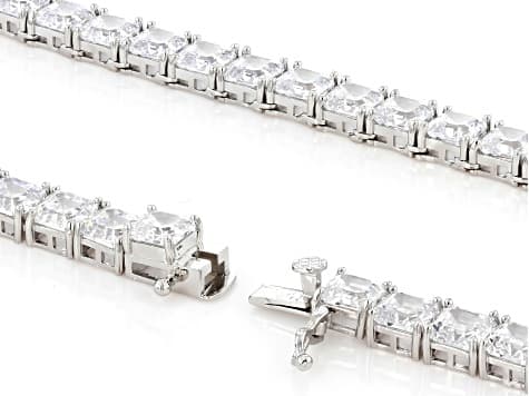 White Cubic Zirconia Rhodium Plated Asscher Cut Tennis Necklace 84.42ctw