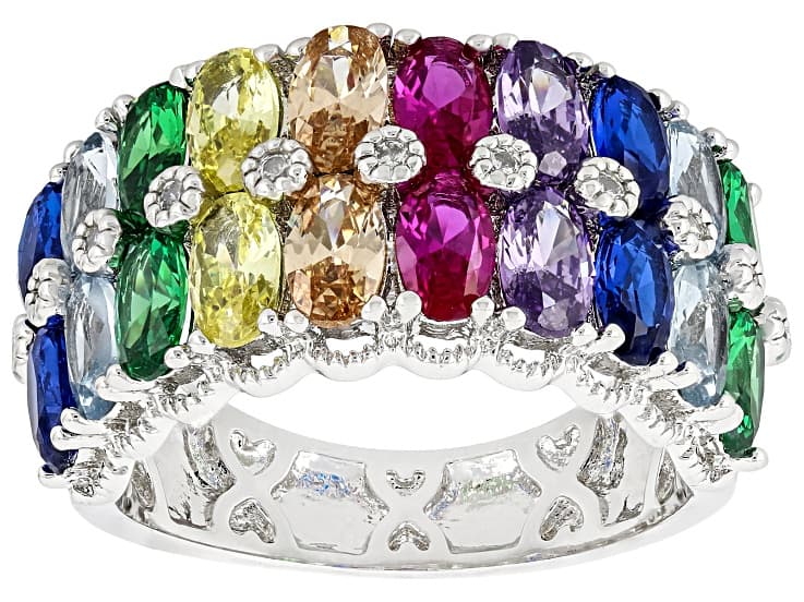 Multicolor Cubic Zirconia, Lab Blue Spinel and Lab Ruby Rhodium Plated Ring 5.14ctw