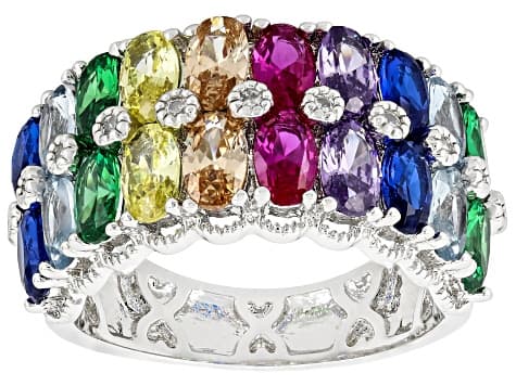 Multicolor Cubic Zirconia, Lab Blue Spinel and Lab Ruby Rhodium Plated Ring 5.14ctw