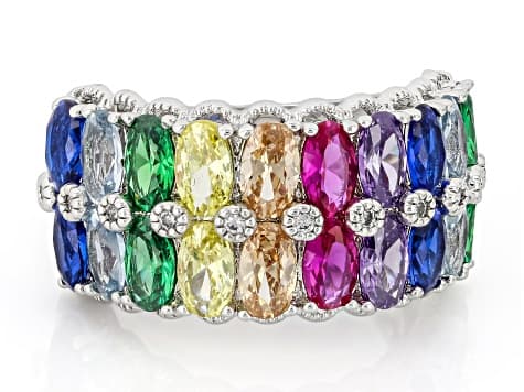Multicolor Cubic Zirconia, Lab Blue Spinel and Lab Ruby Rhodium Plated Ring 5.14ctw