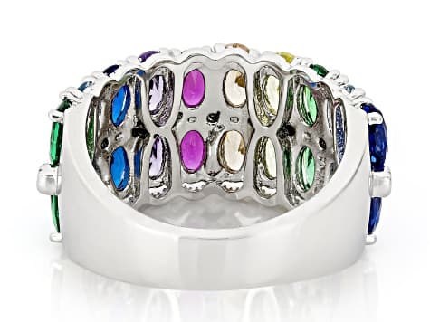 Multicolor Cubic Zirconia, Lab Blue Spinel and Lab Ruby Rhodium Plated Ring 5.14ctw