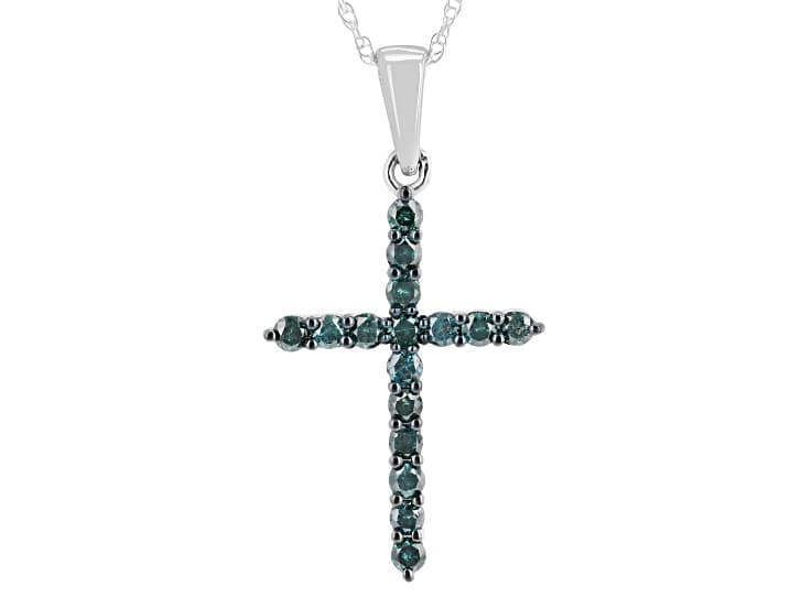 Blue Diamond Rhodium Over Sterling Silver Cross Pendant With Chain 0.55ctw