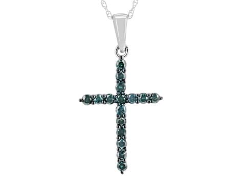 Blue Diamond Rhodium Over Sterling Silver Cross Pendant With Chain 0.55ctw
