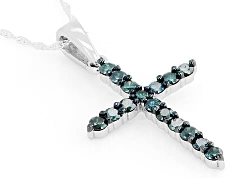 Blue Diamond Rhodium Over Sterling Silver Cross Pendant With Chain 0.55ctw