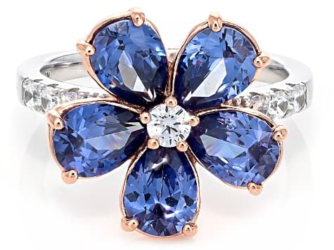 Blue And White Cubic Zirconia Rhodium And 18k Rose Gold Over Silver Flower Ring 6.59ctw