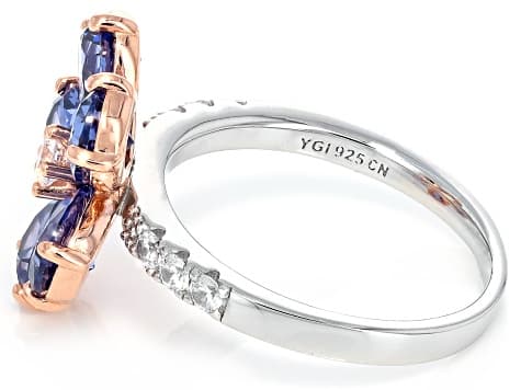 Blue And White Cubic Zirconia Rhodium And 18k Rose Gold Over Silver Flower Ring 6.59ctw