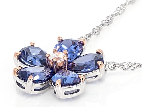 Blue And White Cubic Zirconia Rhodium And 18k Rose Gold Over Silver Flower Necklace 6.23ctw