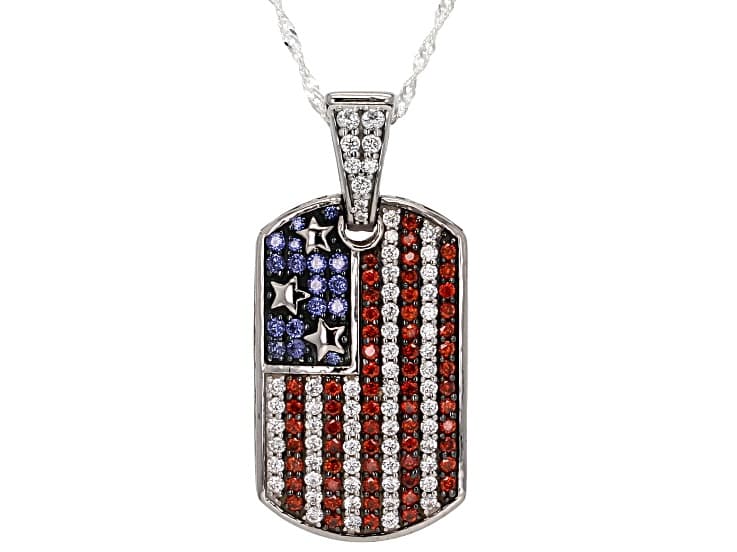 Garnet, White, And Blue Cubic Zirconia Rhodium Plated Ottone Flag Enhancer Pendant 3.40ctw
