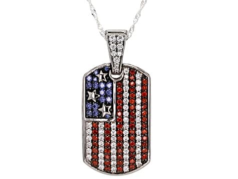 Garnet, White, And Blue Cubic Zirconia Rhodium Plated Ottone Flag Enhancer Pendant 3.40ctw