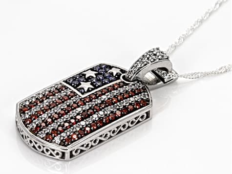 Garnet, White, And Blue Cubic Zirconia Rhodium Plated Ottone Flag Enhancer Pendant 3.40ctw