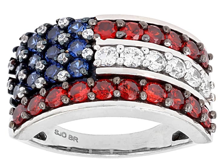 Blue, Red, & White Cubic Zirconia Rhodium Plated Cluster Ring 4.11ctw