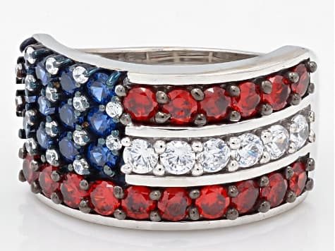 Blue, Red, & White Cubic Zirconia Rhodium Plated Cluster Ring 4.11ctw