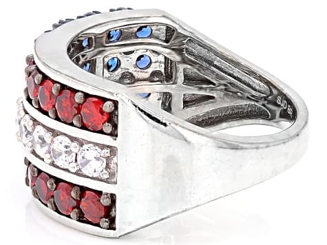 Blue, Red, & White Cubic Zirconia Rhodium Plated Cluster Ring 4.11ctw