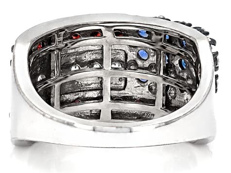Blue, Red, & White Cubic Zirconia Rhodium Plated Cluster Ring 4.11ctw