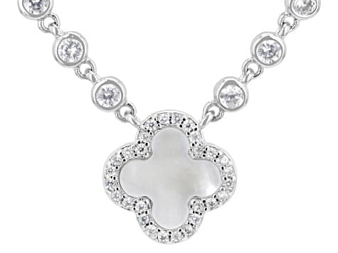 Mother-of-Pearl and White Cubic Zirconia Rhodium Plated Necklace 6.64ctw