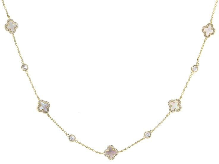 White Cubic Zirconia And White Mother-Of-Pearl 14k Yellow Gold Plated Clover Necklace 2.56ctw