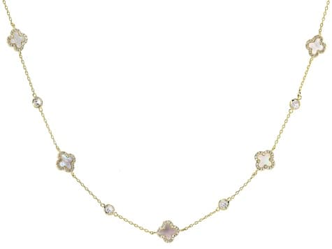 White Cubic Zirconia And White Mother-Of-Pearl 14k Yellow Gold Plated Clover Necklace 2.56ctw