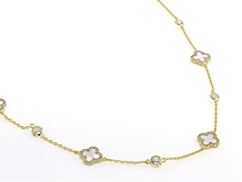 White Cubic Zirconia And White Mother-Of-Pearl 14k Yellow Gold Plated Clover Necklace 2.56ctw