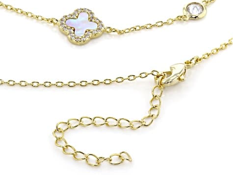 White Cubic Zirconia And White Mother-Of-Pearl 14k Yellow Gold Plated Clover Necklace 2.56ctw