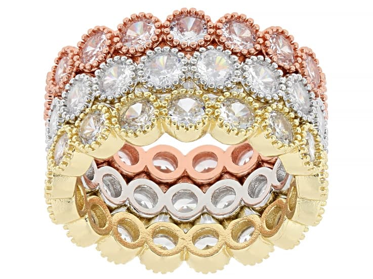 White Cubic Zirconia Rhodium and 18k Yellow and Rose Gold Plated Ring Set of 3 9.72ctw