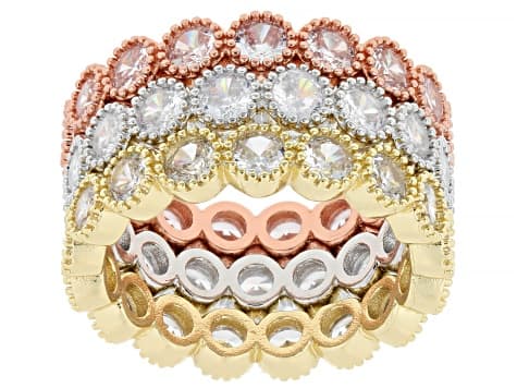 White Cubic Zirconia Rhodium and 18k Yellow and Rose Gold Plated Ring Set of 3 9.72ctw
