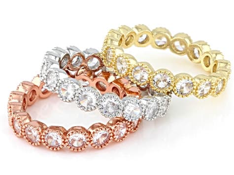White Cubic Zirconia Rhodium and 18k Yellow and Rose Gold Plated Ring Set of 3 9.72ctw