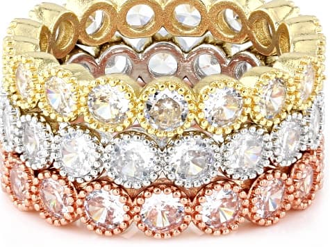 White Cubic Zirconia Rhodium and 18k Yellow and Rose Gold Plated Ring Set of 3 9.72ctw
