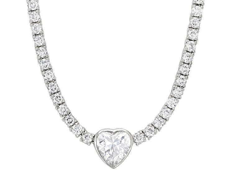 White Cubic Zirconia Rhodium Plated Heart Tennis Necklace 17.10ctw