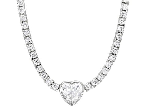 White Cubic Zirconia Rhodium Plated Heart Tennis Necklace 17.10ctw