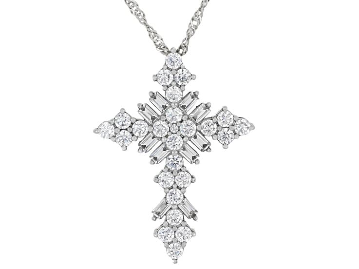 White Cubic Zirconia Platinum Plated Cross Pendant With Chain 5.44ctw